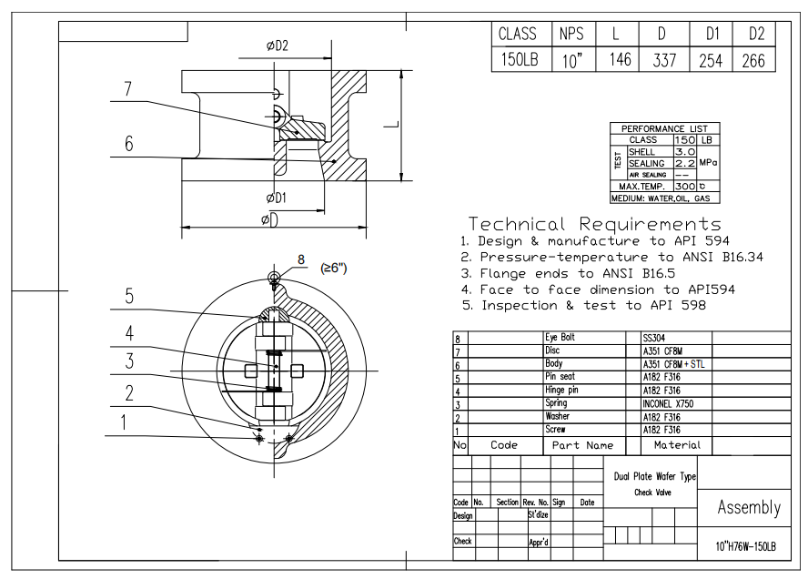10" 150LB Dual Plate Wafer Check Valve API CF8M + STL